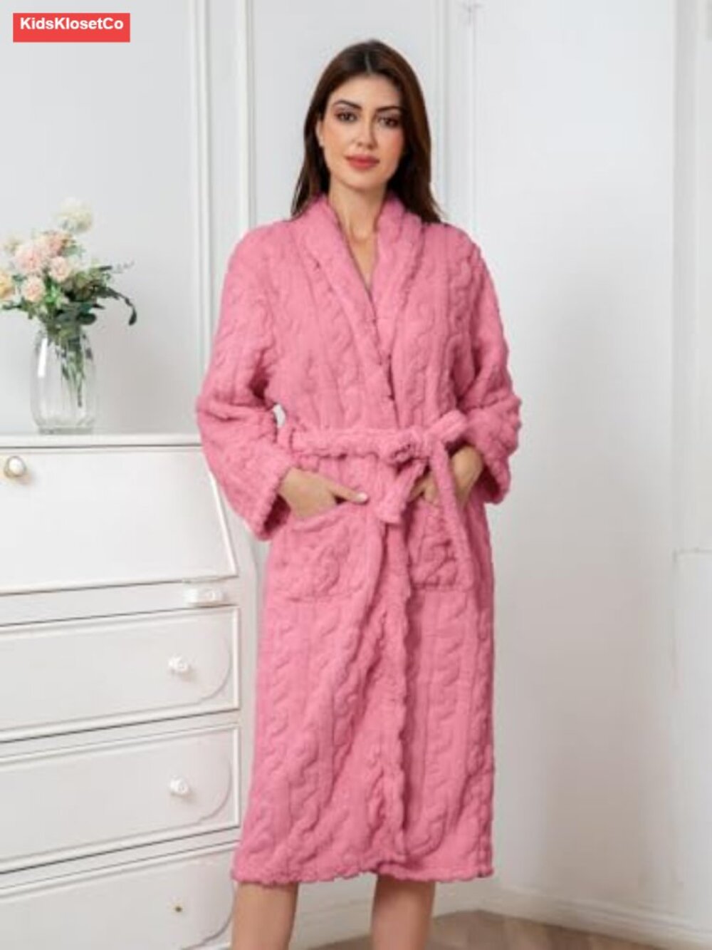 Girls Soft Fleece Bathrobe Plush Flannel Hoodless with Belt and Pockets - Picture 4 of 6
